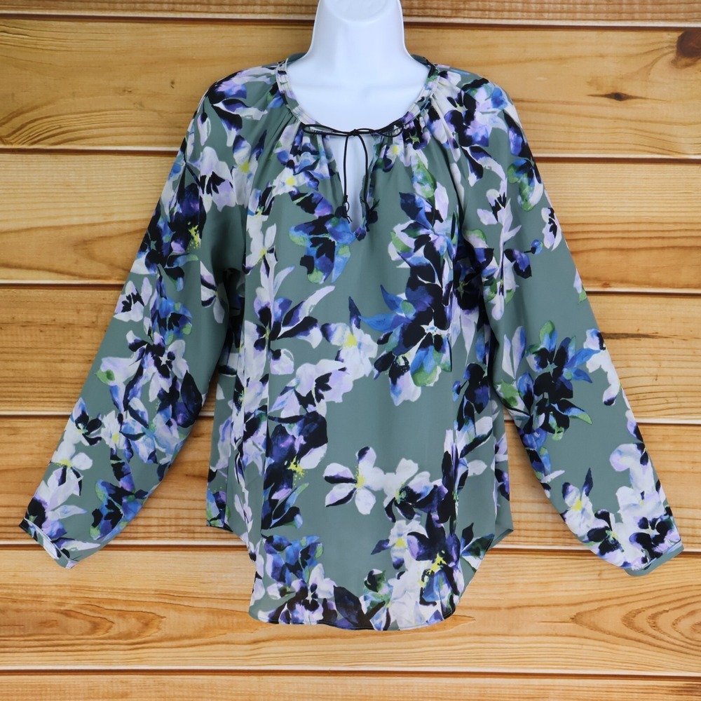 Simply Vera Vera Wang Long Sleeve Blouse Shirt Womens Sz S Colorful Green Floral